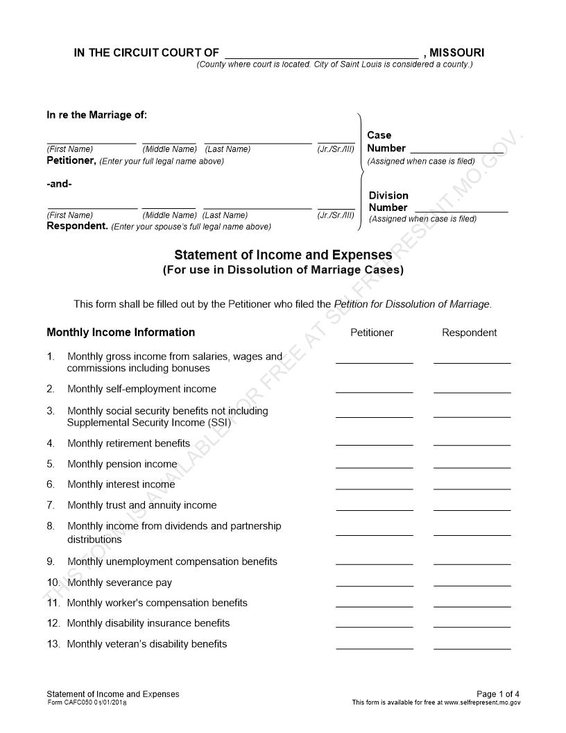 Statement Of Income And Expenses {CAFC050} | Pdf Fpdf Doc Docx | Missouri