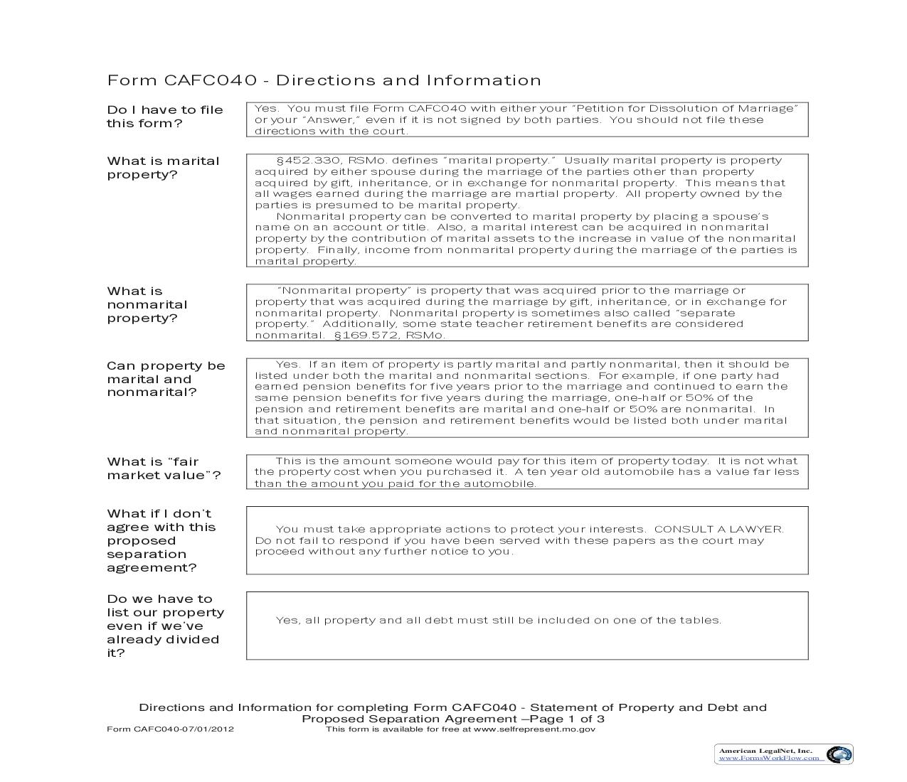 Statement Of Property And Debt And Proposed Separation Agreement {CAFC040} | Pdf Fpdf Doc Docx | Missouri