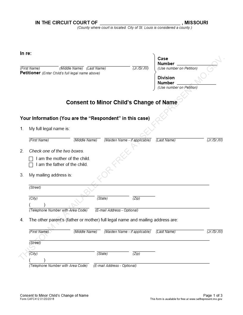 Consent To Minor Child Change Of Name {CAFC412} | Pdf Fpdf Docx | Missouri