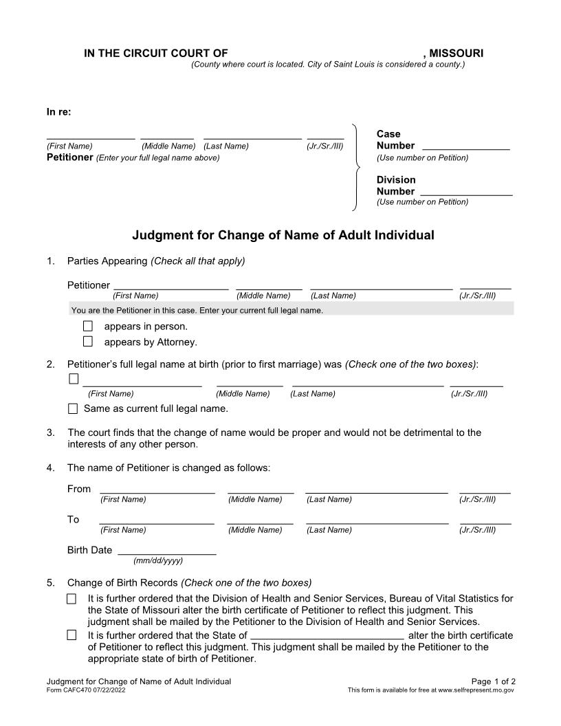 Judgment For Change Of Name Of Adult {CAFC470} | Pdf Fpdf Docx | Missouri