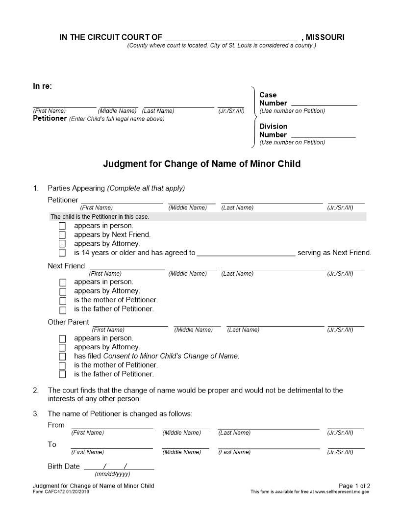 Judgment For Change Of Name Of Minor Child {CAFC472} | Pdf Fpdf Docx | Missouri