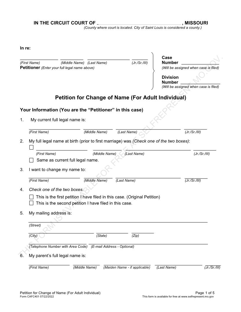 Petition For Change Of Name Adult {CAFC401} | Pdf Fpdf Docx | Missouri