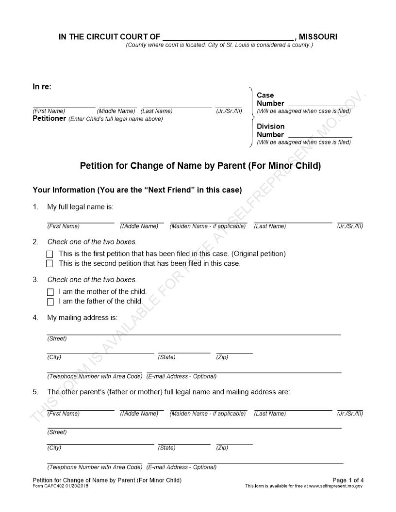 Petition For Change Of Name By Parent For Minor {CAFC402}  | Pdf Fpdf Docx | Missouri
