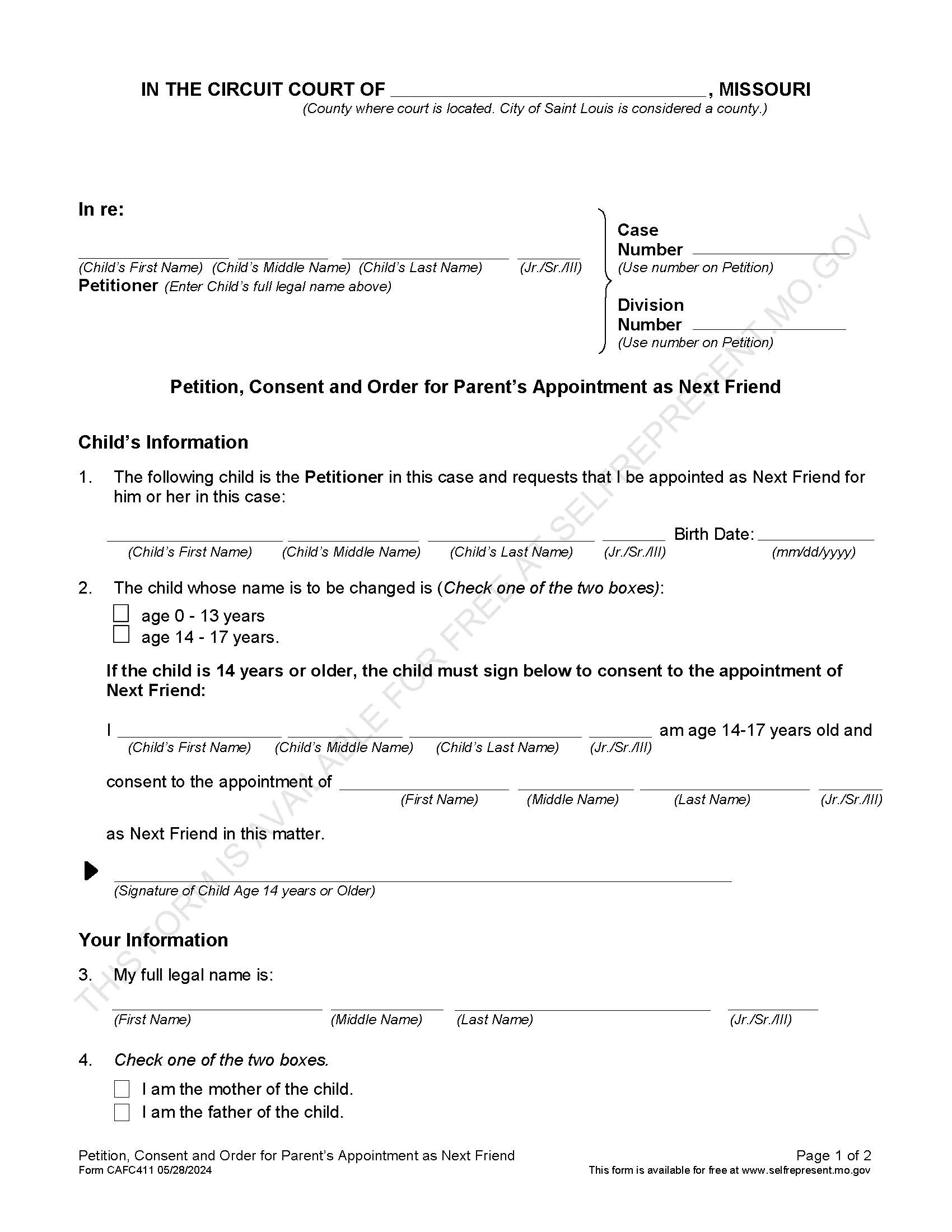 Petition For Parent As Next Friend {CAFC411} | Pdf Fpdf Docx | Missouri