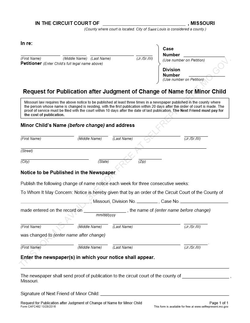 Request For Publication After Judgment Of Change Of Name For Minor {CAFC482 } | Pdf Fpdf Docx | Missouri