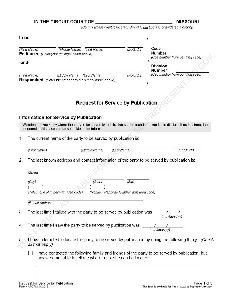 Request For Service By Publication {CAFC712} | Pdf Fpdf Docx | Missouri