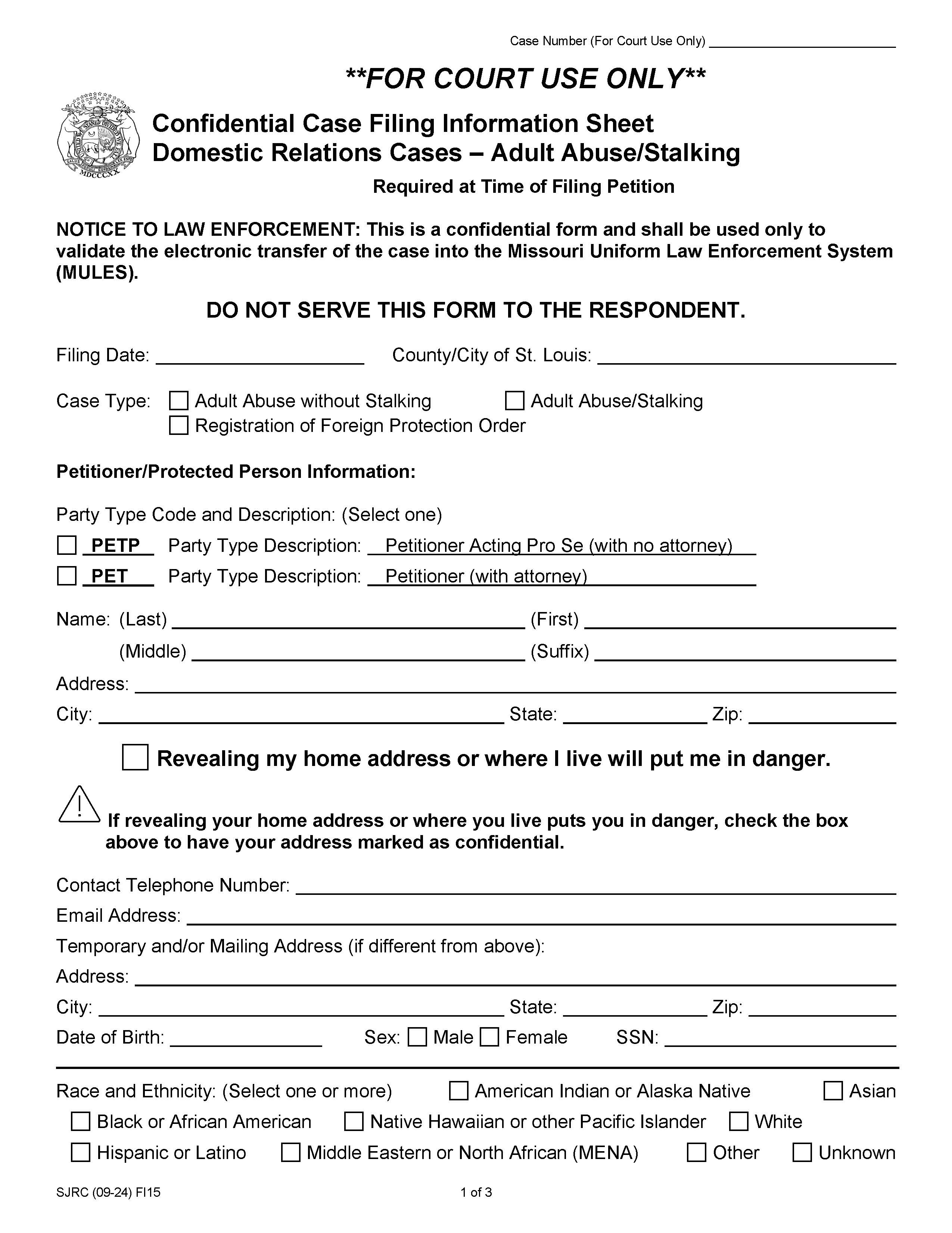 Confidential Case Filing Information Sheet Adult Abuse Stalking {FI-15} | Pdf Fpdf Doc Docx | Missouri
