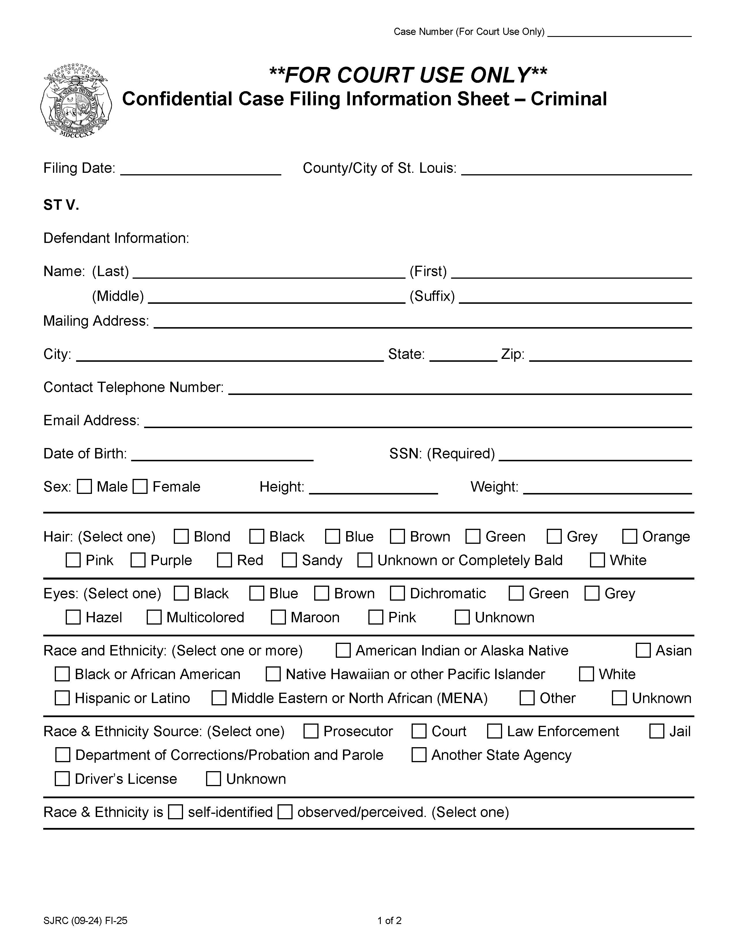 Confidential Case Filing Information Sheet Criminal {FI-25} | Pdf Fpdf Doc Docx | Missouri