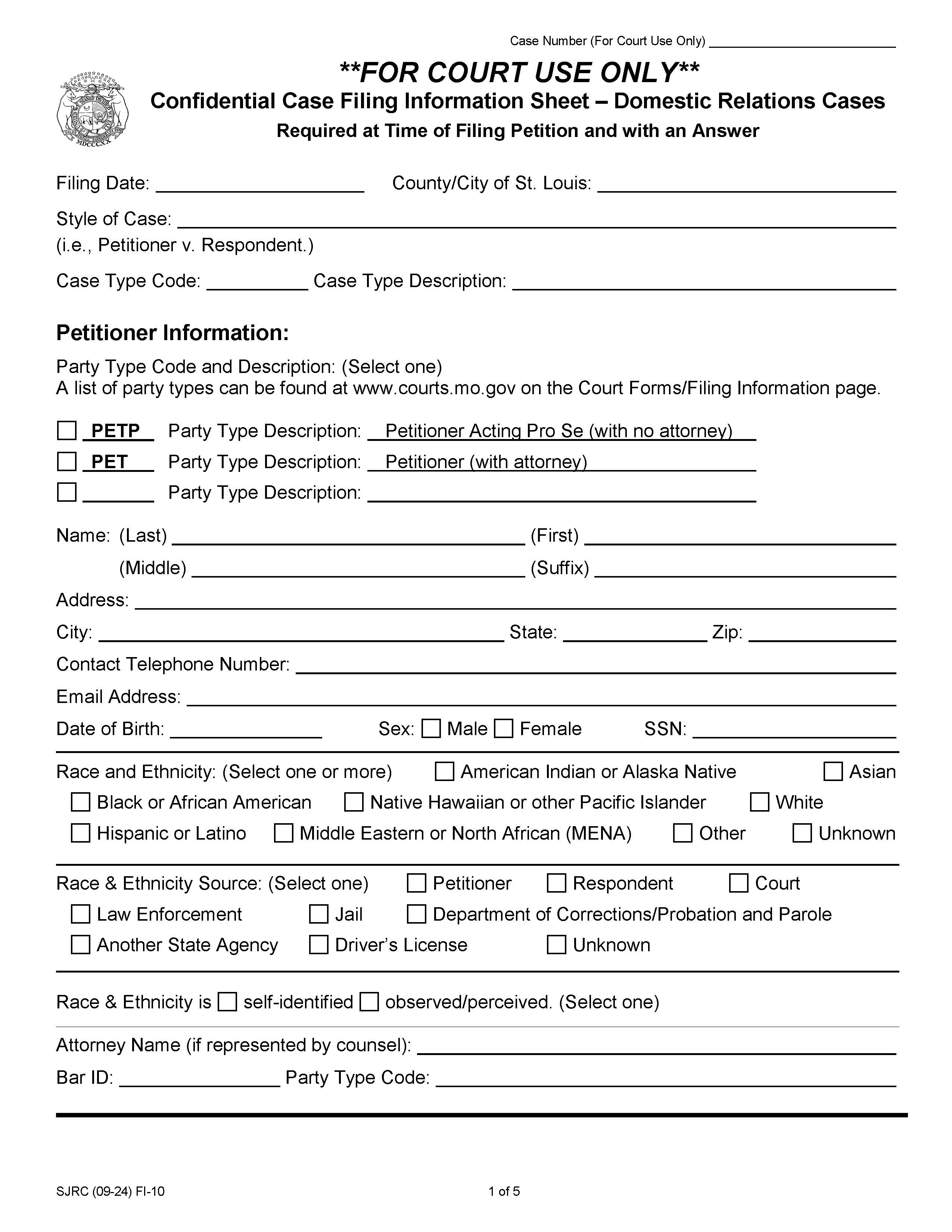 Confidential Case Filing Information Sheet Domestic Relations {FI-10} | Pdf Fpdf Doc Docx | Missouri