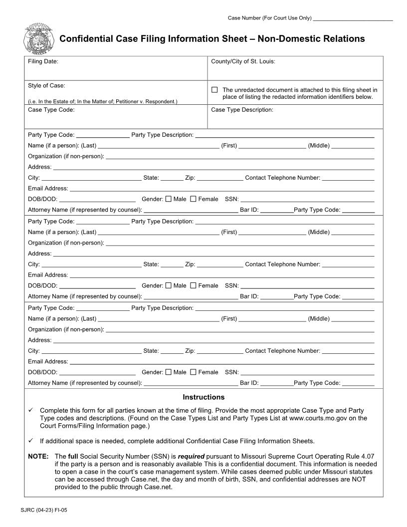 Confidential Case Filing Information Sheet Non Domestic Relations {FI-05} | Pdf Fpdf Doc Docx | Missouri