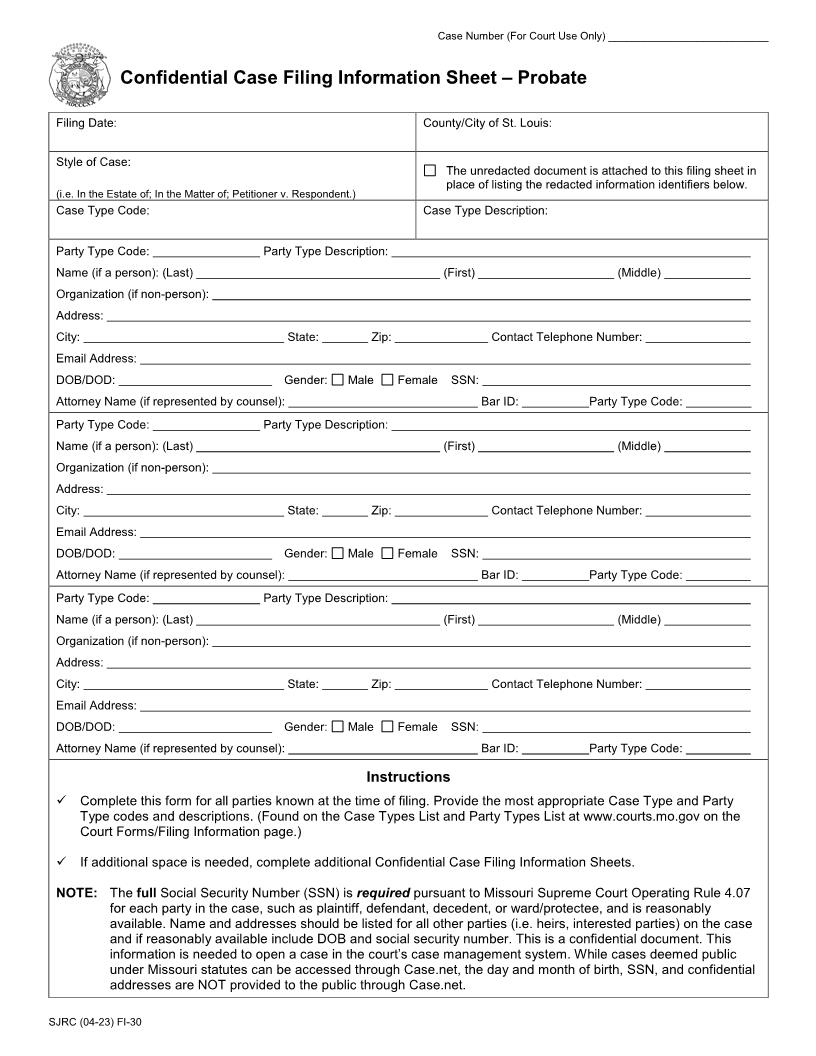 Confidential Case Filing Information Sheet Probate {FI-30} | Pdf Fpdf Doc Docx | Missouri