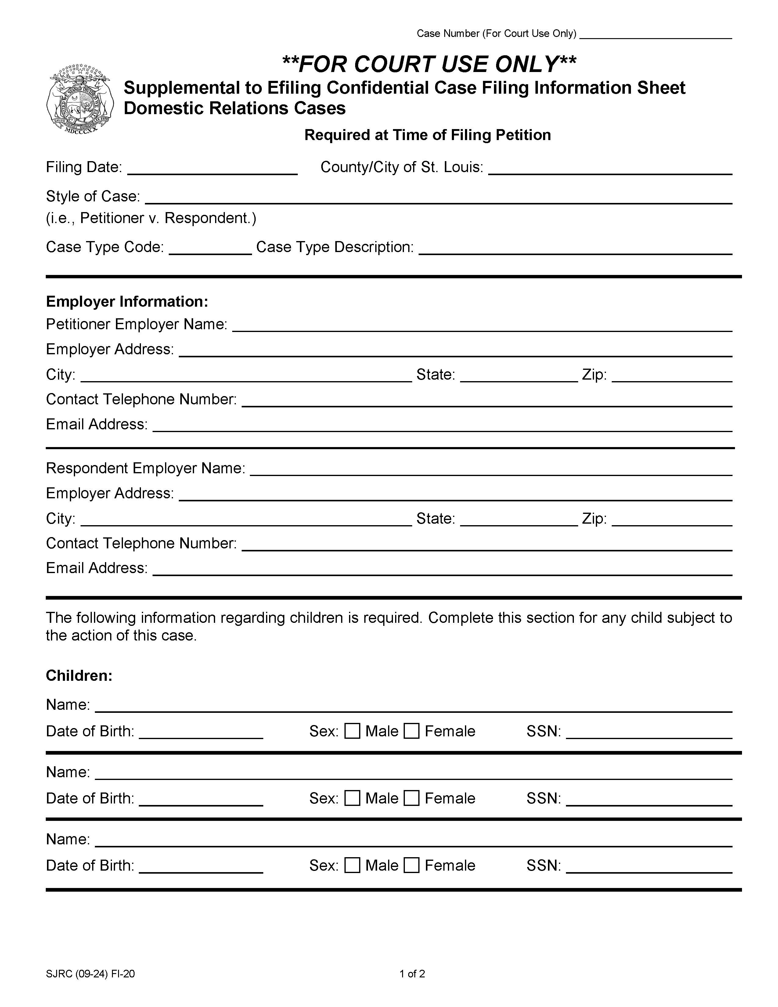 Efiling Supplemental Confidential Case Filing Information Sheet Domestic Relations {FI-20} | Pdf Fpdf Doc Docx | Missouri