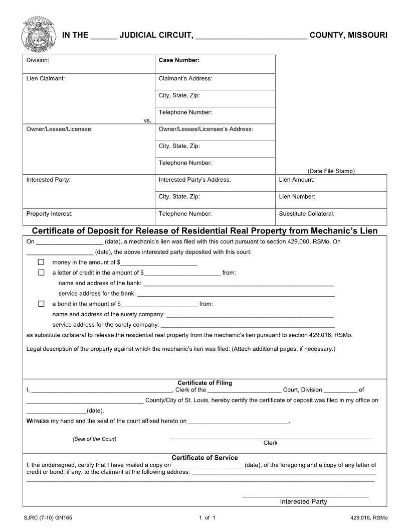 Certificate Of Deposit For Release Of Real Property From Mecahnics Lien {GN-165} | Pdf Fpdf Doc Docx | Missouri