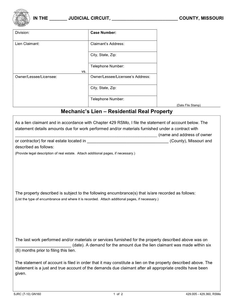 Mechanics Lien Residential Real Property {GN-160} | Pdf Fpdf Doc Docx | Missouri