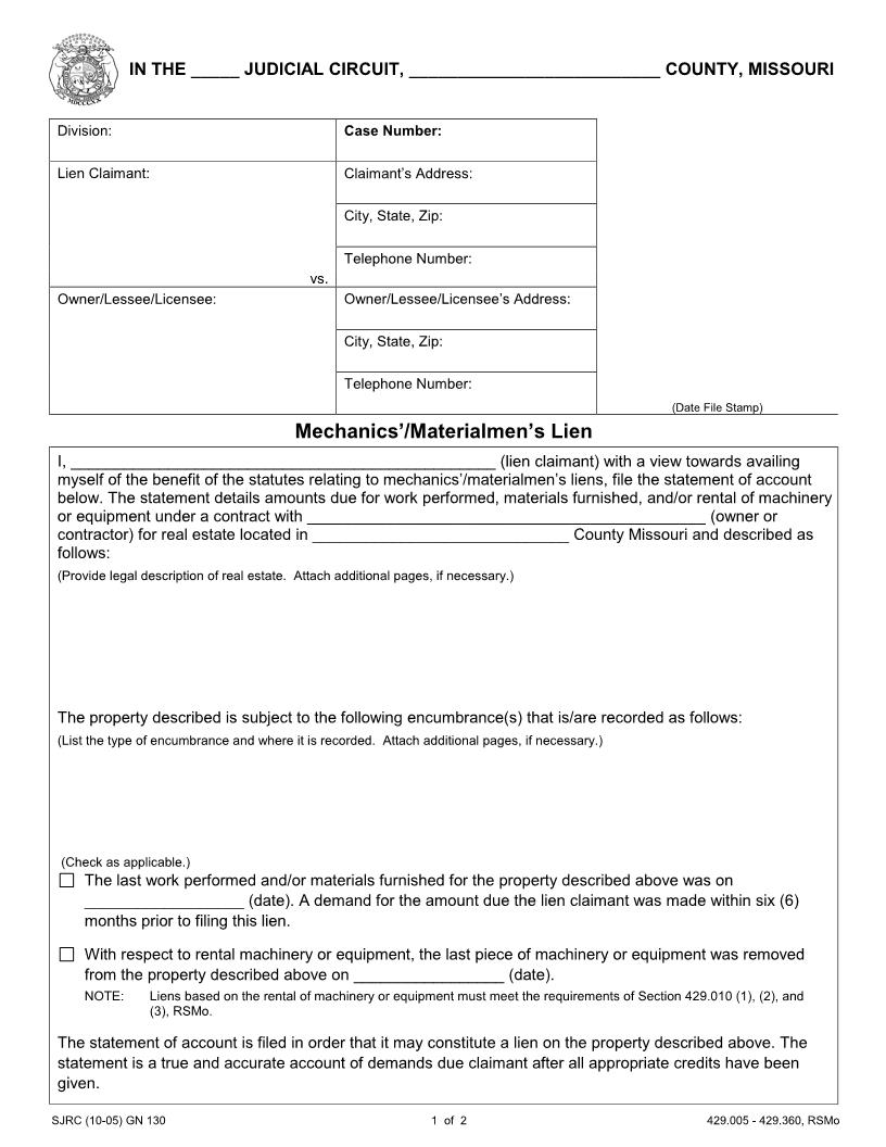 Mechanics Or Materialmens Lien {GN-130} | Pdf Fpdf Doc Docx | Missouri