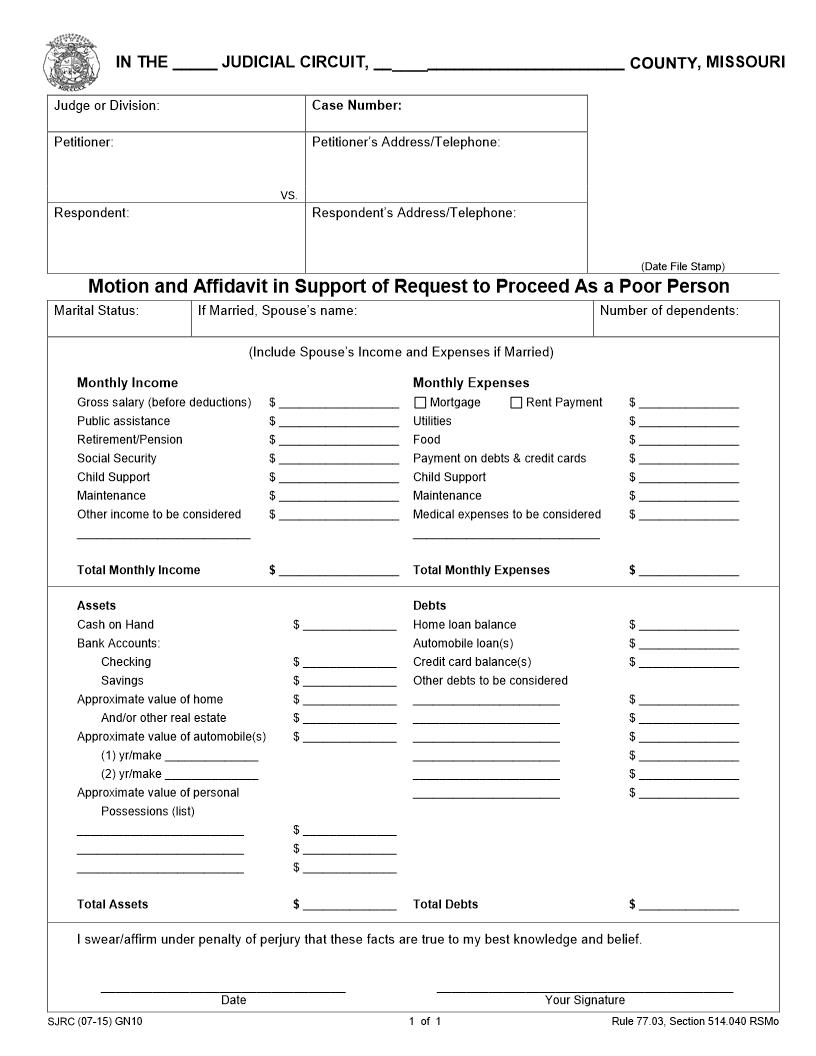 Motion And Affidavit In Support Of Request To Proceed As A Poor Person {GN-10} | Pdf Fpdf Doc Docx | Missouri