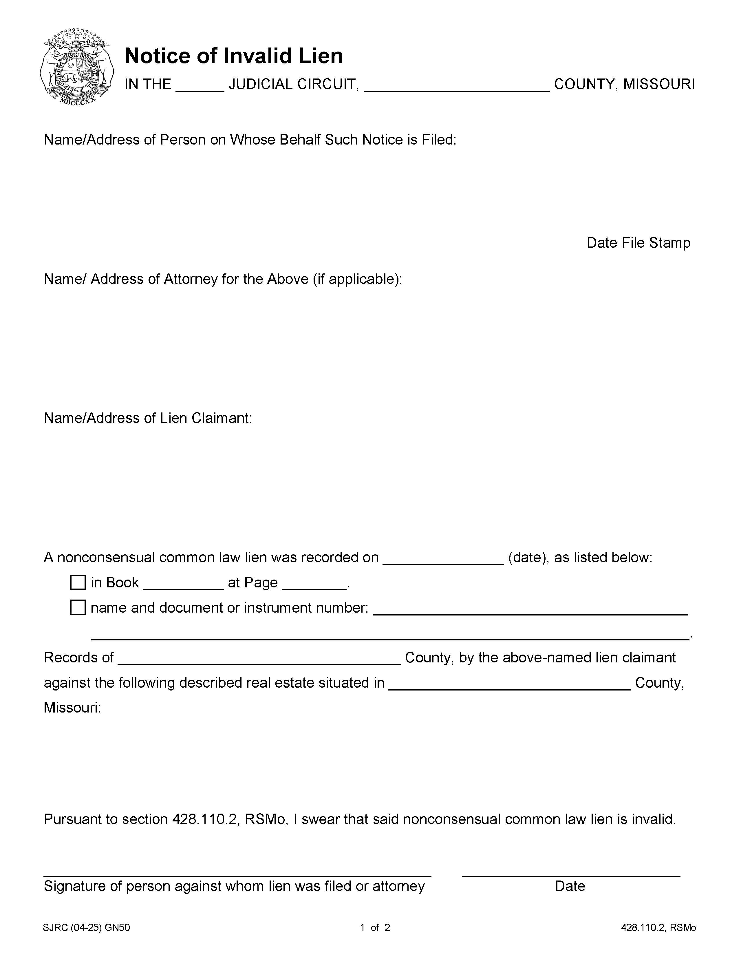 Notice Of Invalid Lien {GN-50} | Pdf Fpdf Doc Docx | Missouri