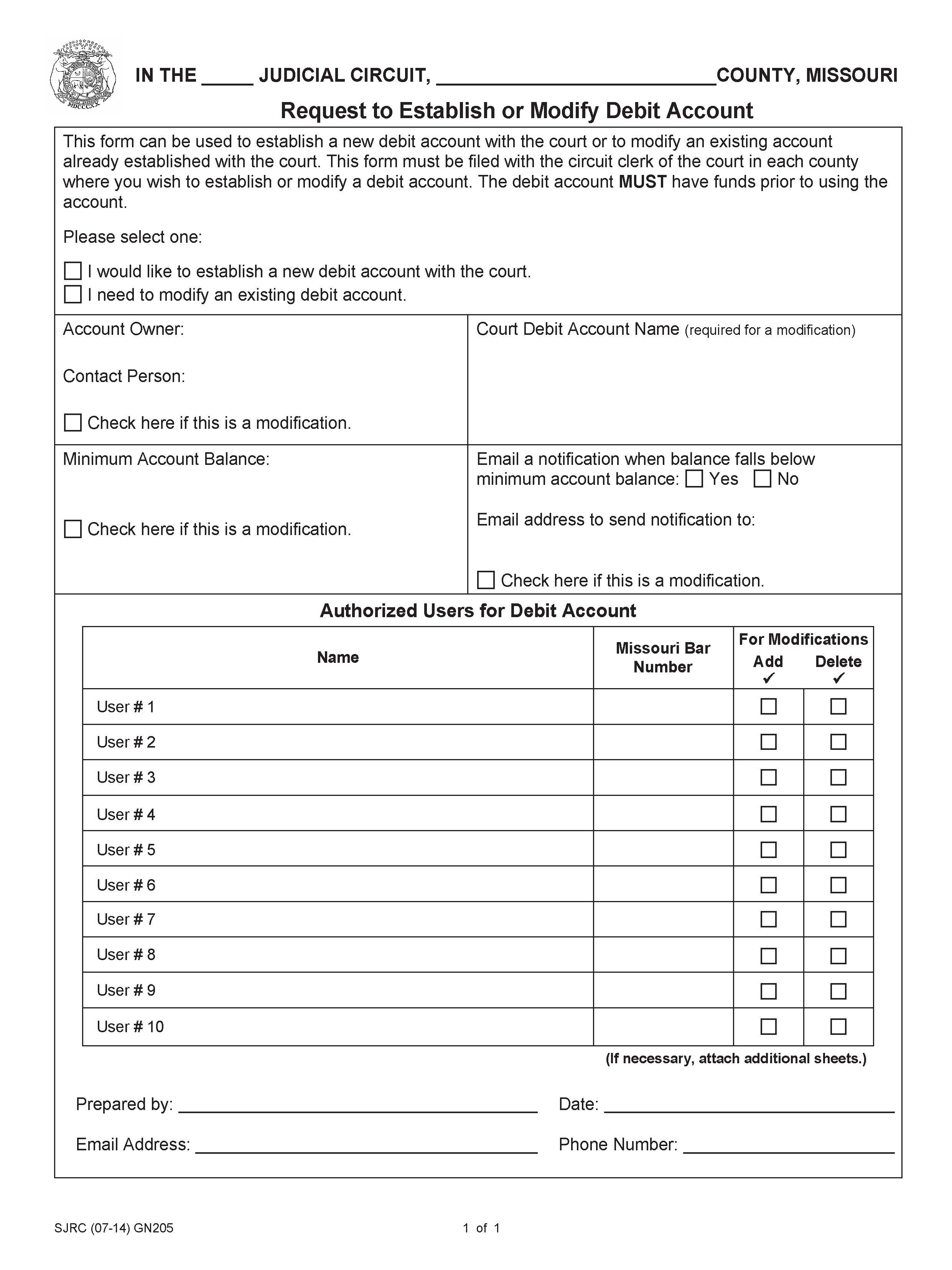 Request To Establish Or Modify Debit Account {GN-205} | Pdf Fpdf Doc Docx | Missouri