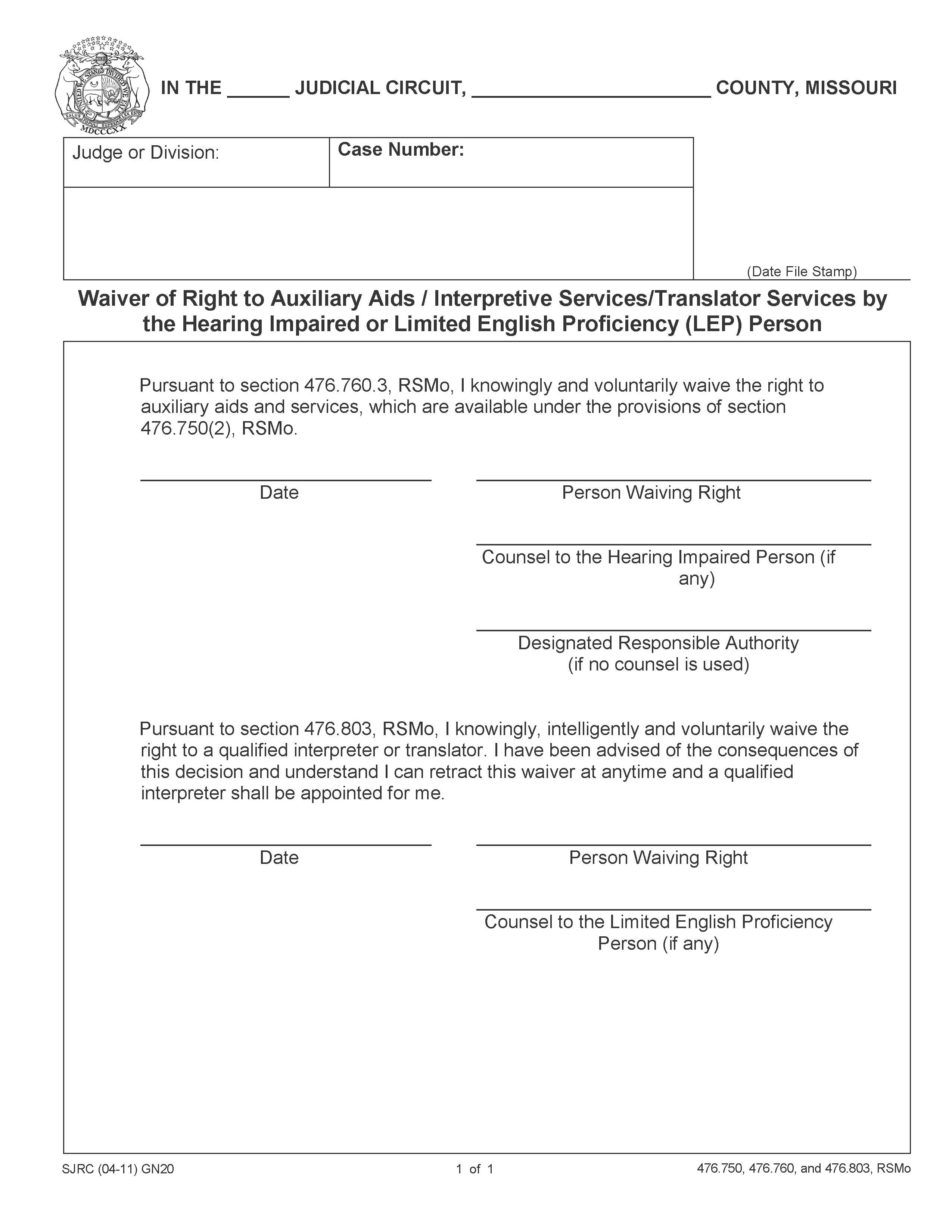 Waiver Of Right To Auxiliary Aid And Services By The Hearing Impaired {GN-20} | Pdf Fpdf Doc Docx | Missouri