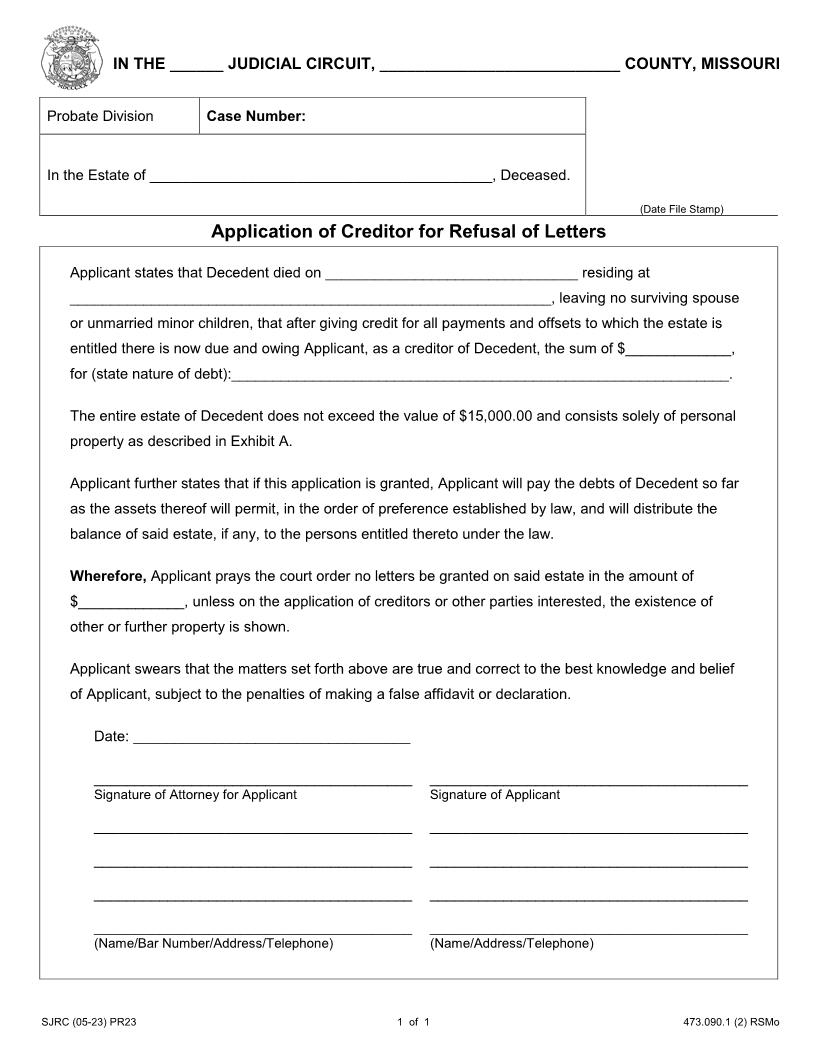 Application Of Creditor For Refusal of Letters {PR23} | Pdf Fpdf Doc Docx | Missouri