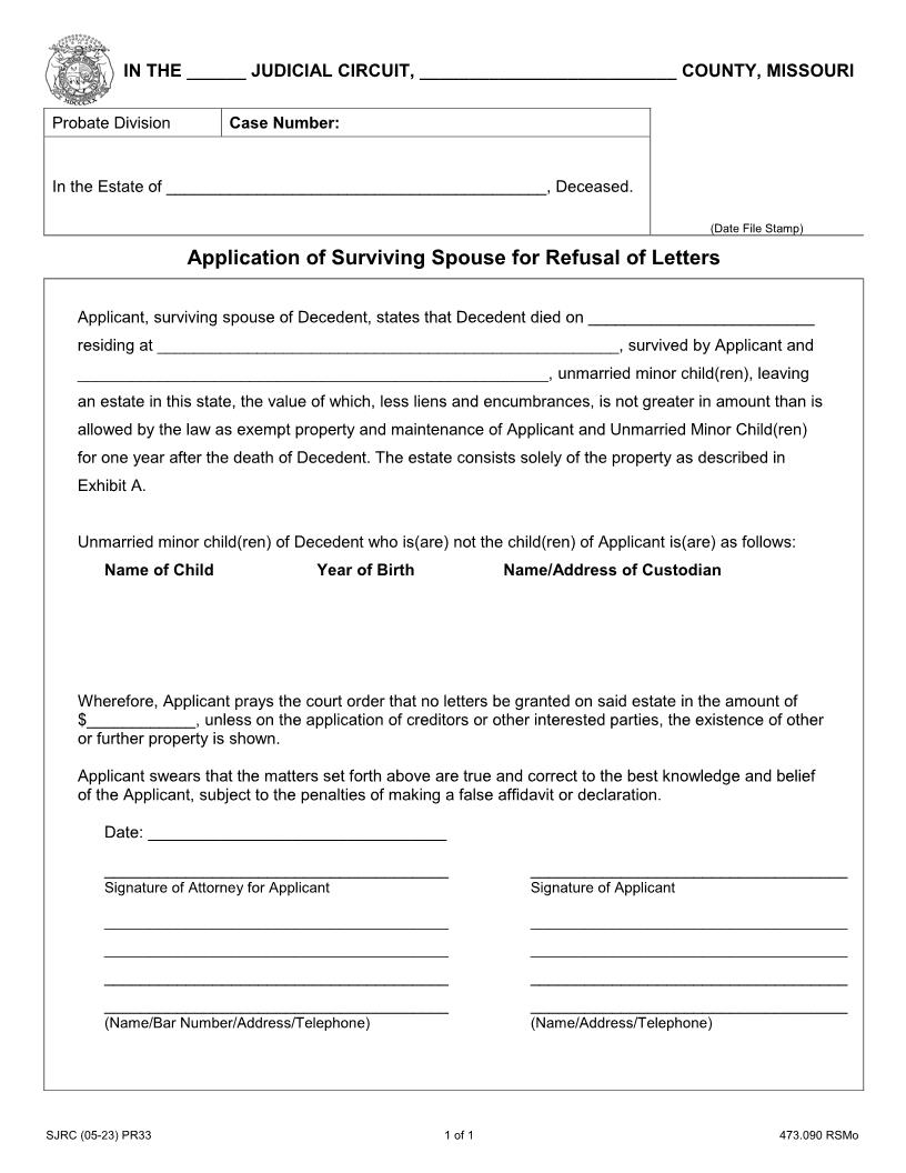 Application Of Surviving Spouse For Refusal Of Letters {PR33} | Pdf Fpdf Doc Docx | Missouri