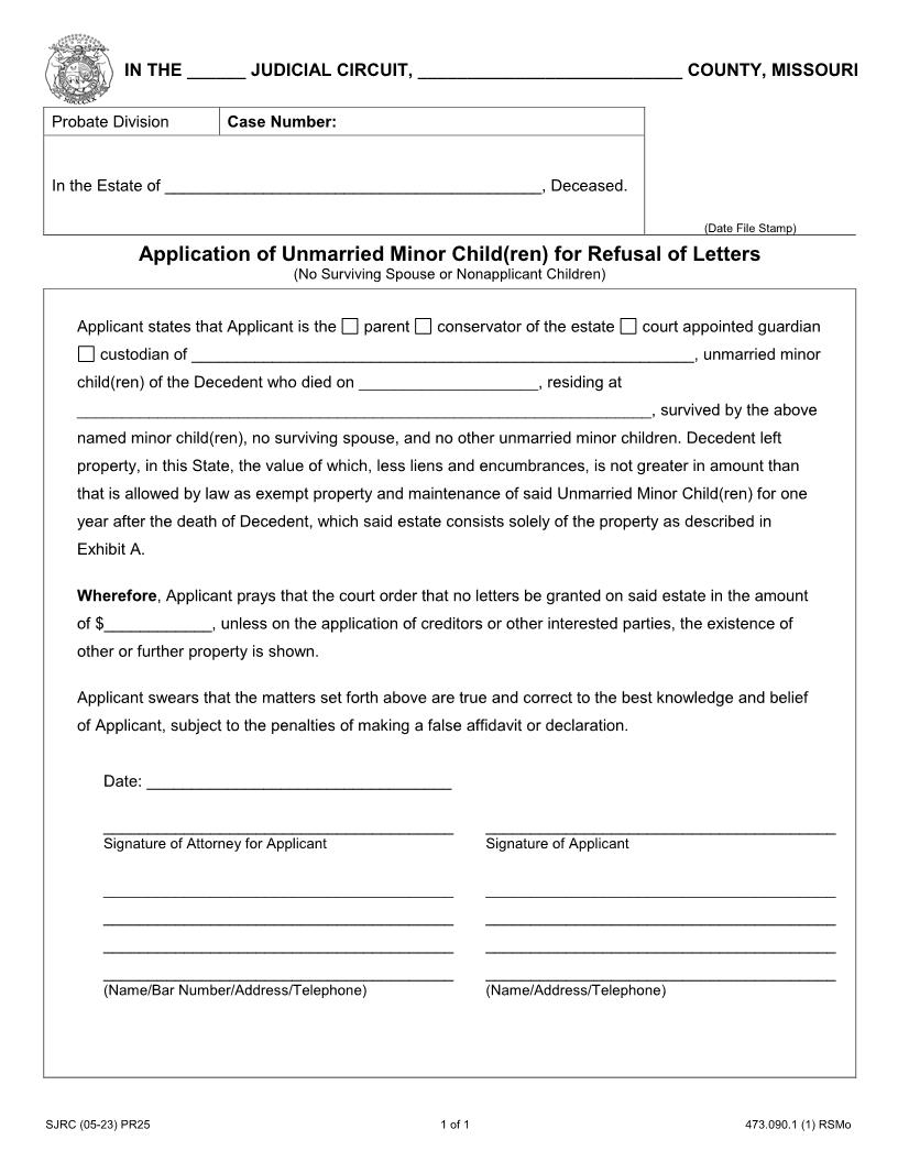 Application Of Unmarried Minor Children For Refusal Of Letters {PR25} | Pdf Fpdf Doc Docx | Missouri