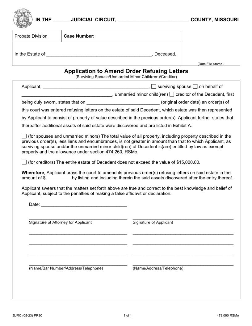 Application To Amend Order Refusing Letters {PR30} | Pdf Fpdf Doc Docx | Missouri
