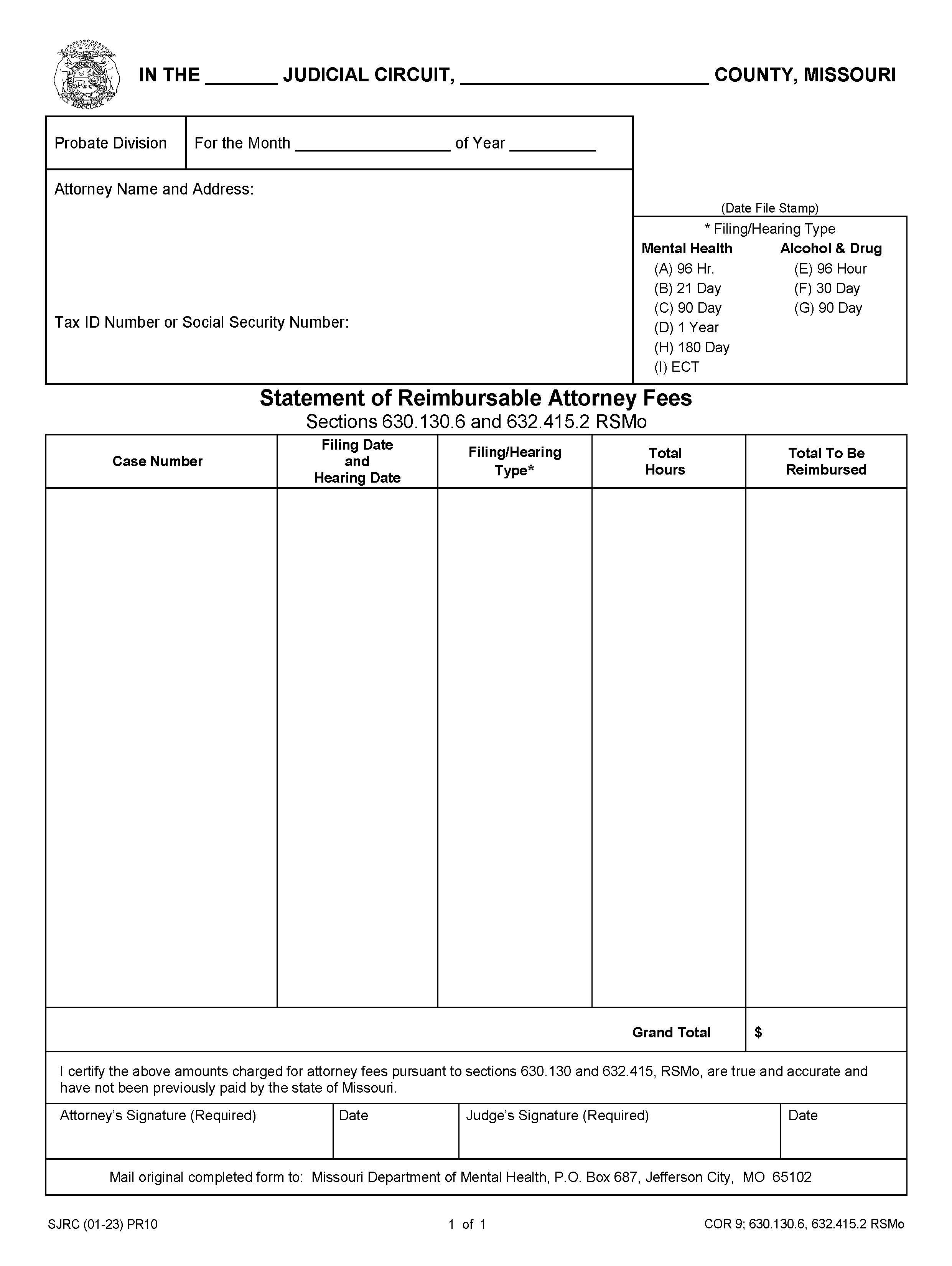 Statement Of Reimbursable Attorney Fees {PR10} | Pdf Fpdf Docx | Missouri