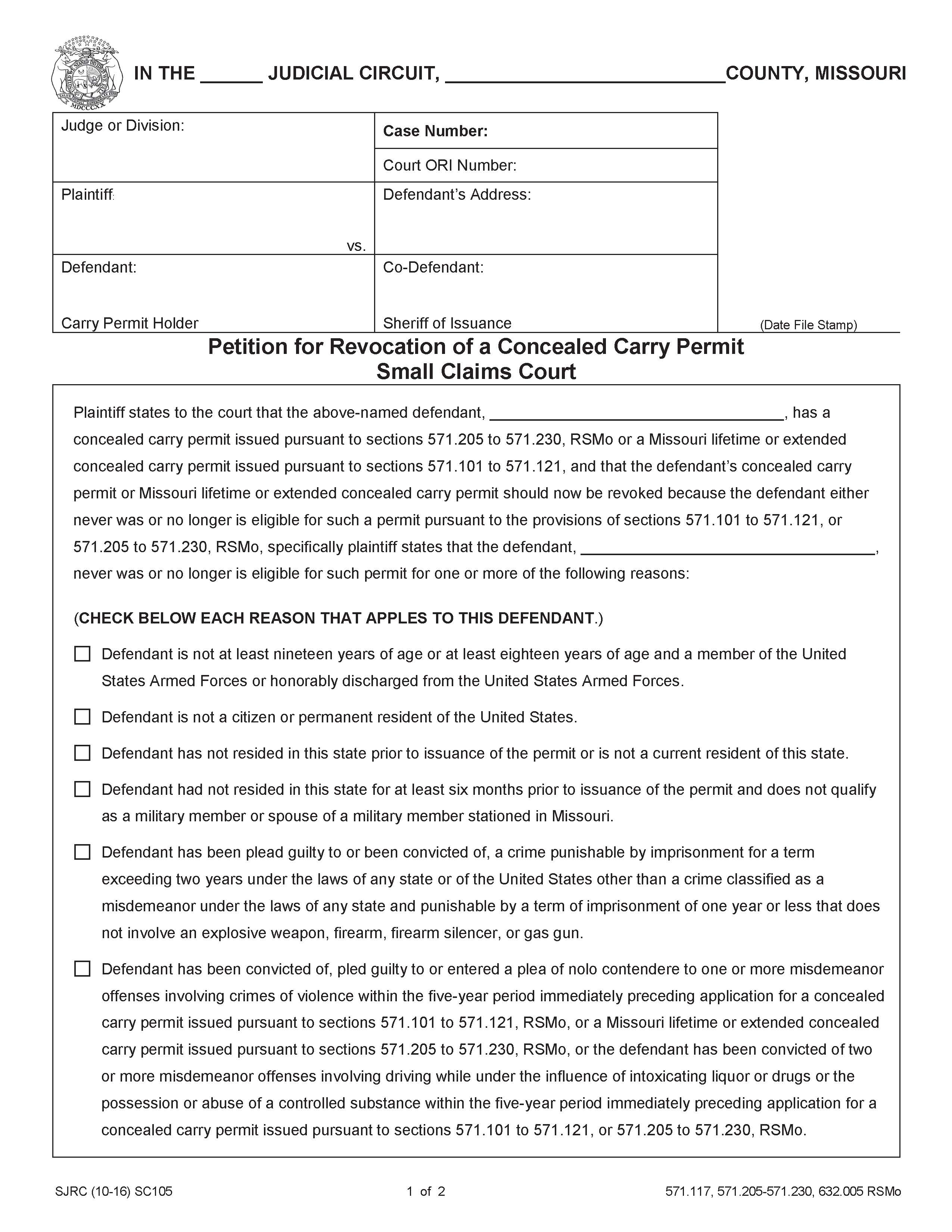 Petition For Revocation Of A Concealed Carry Permit {SC105} | Pdf Fpdf Doc Docx | Missouri