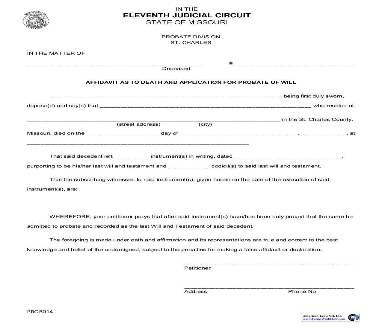 Affidavit As To Death And Application For Probate Of Will | Pdf Fpdf Doc Docx | Missouri