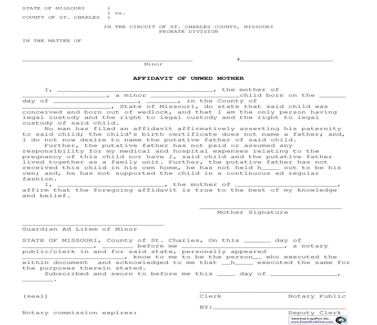 Affidavit Of Unwed Mother | Pdf Fpdf Doc Docx | Missouri