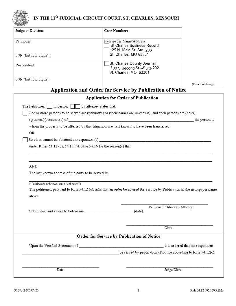 Application And Order For Service By Publication Of Notice {CV20} | Pdf Fpdf Doc Docx | Missouri