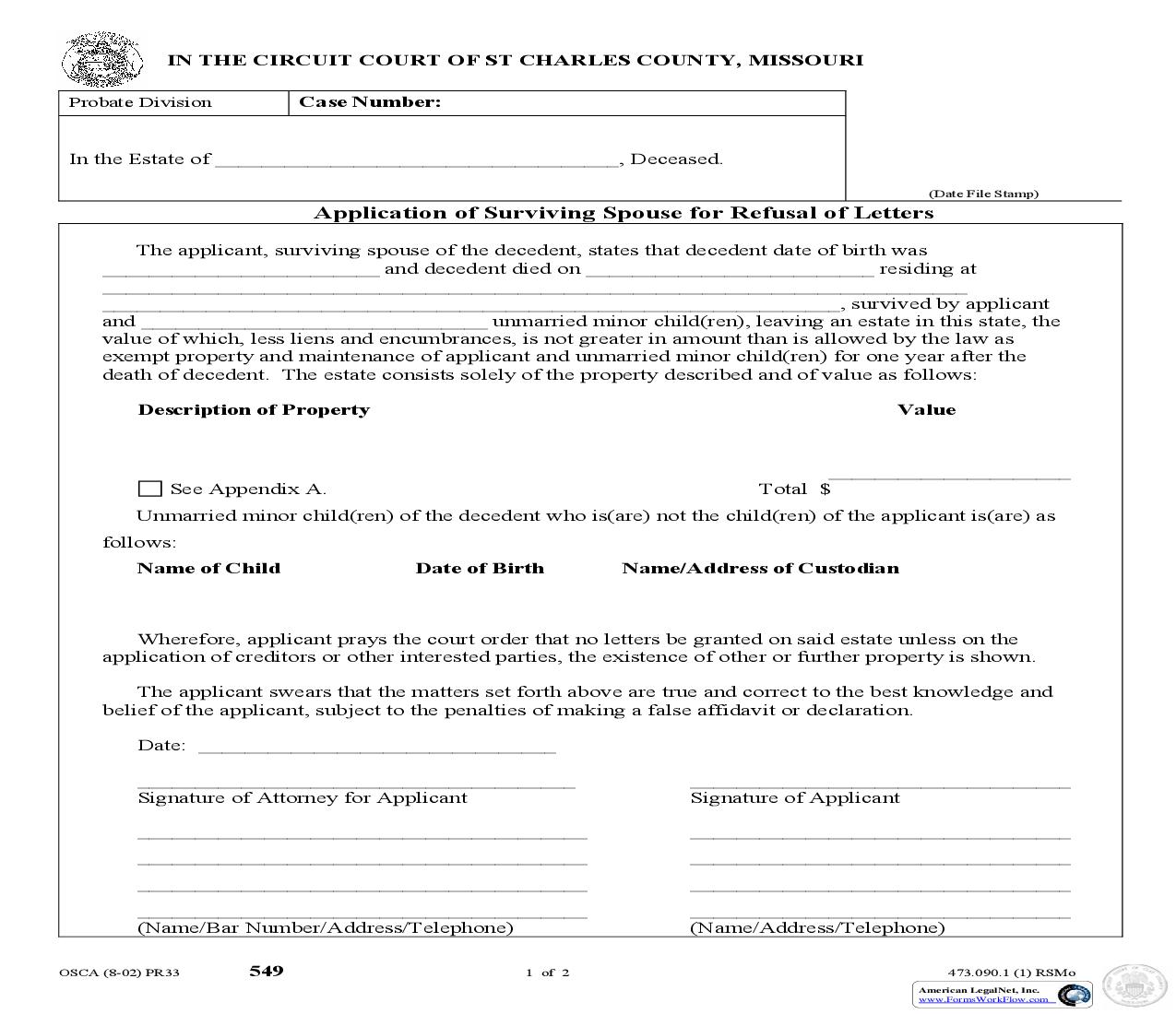 Application Of Surviving Spouse For Refusal Of Letters | Pdf Fpdf Doc Docx | Missouri