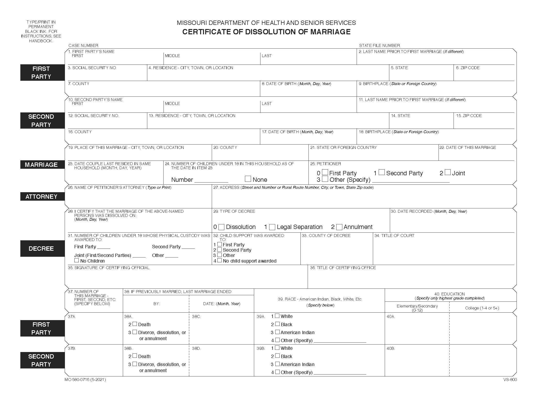 Certificate of Dissolution of Marriage | Pdf Fpdf Doc Docx | Missouri