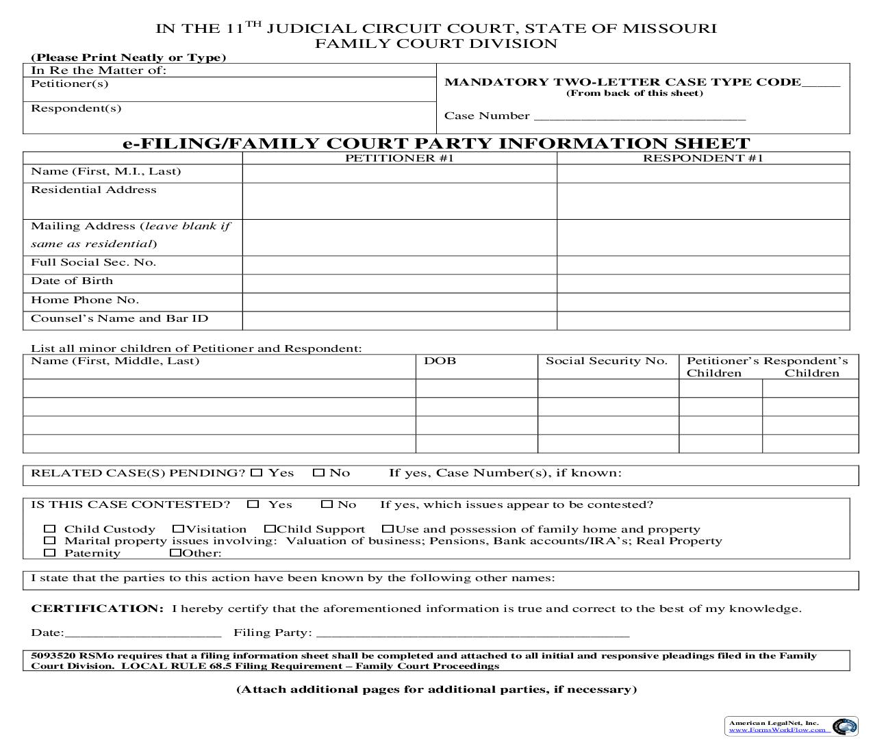 Family Court Party Information Sheet | Pdf Fpdf Doc Docx | Missouri