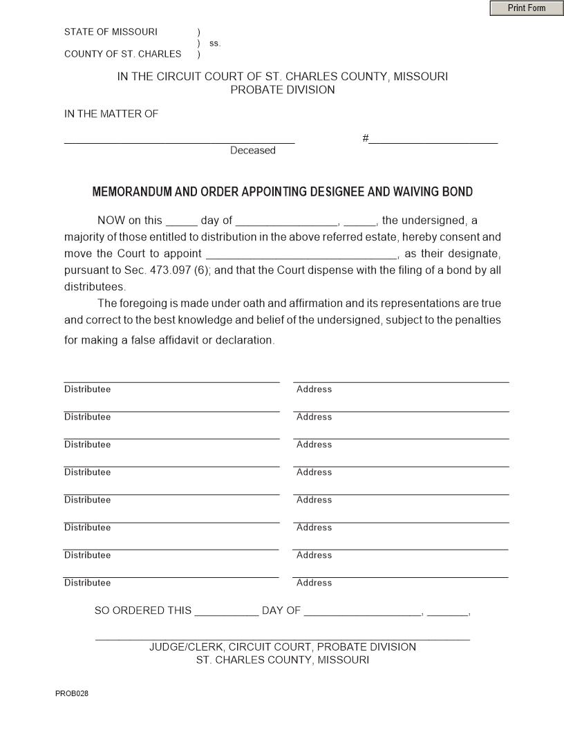 Memorandum And Order Appointing Designee And Waiving Bond | Pdf Fpdf Doc Docx | Missouri
