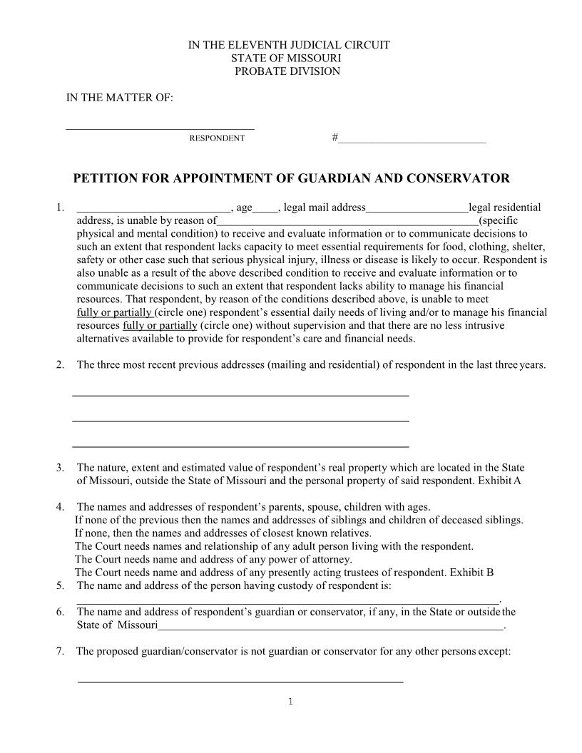 Petition For Appointment Of Guardian And Conservator | Pdf Fpdf Doc Docx | Missouri