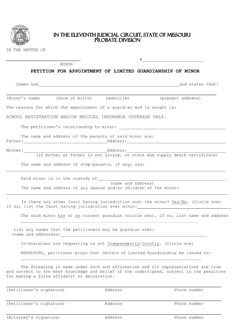 Petition For Appointment Of Limited Guardianship Of Minor | Pdf Fpdf Doc Docx | Missouri