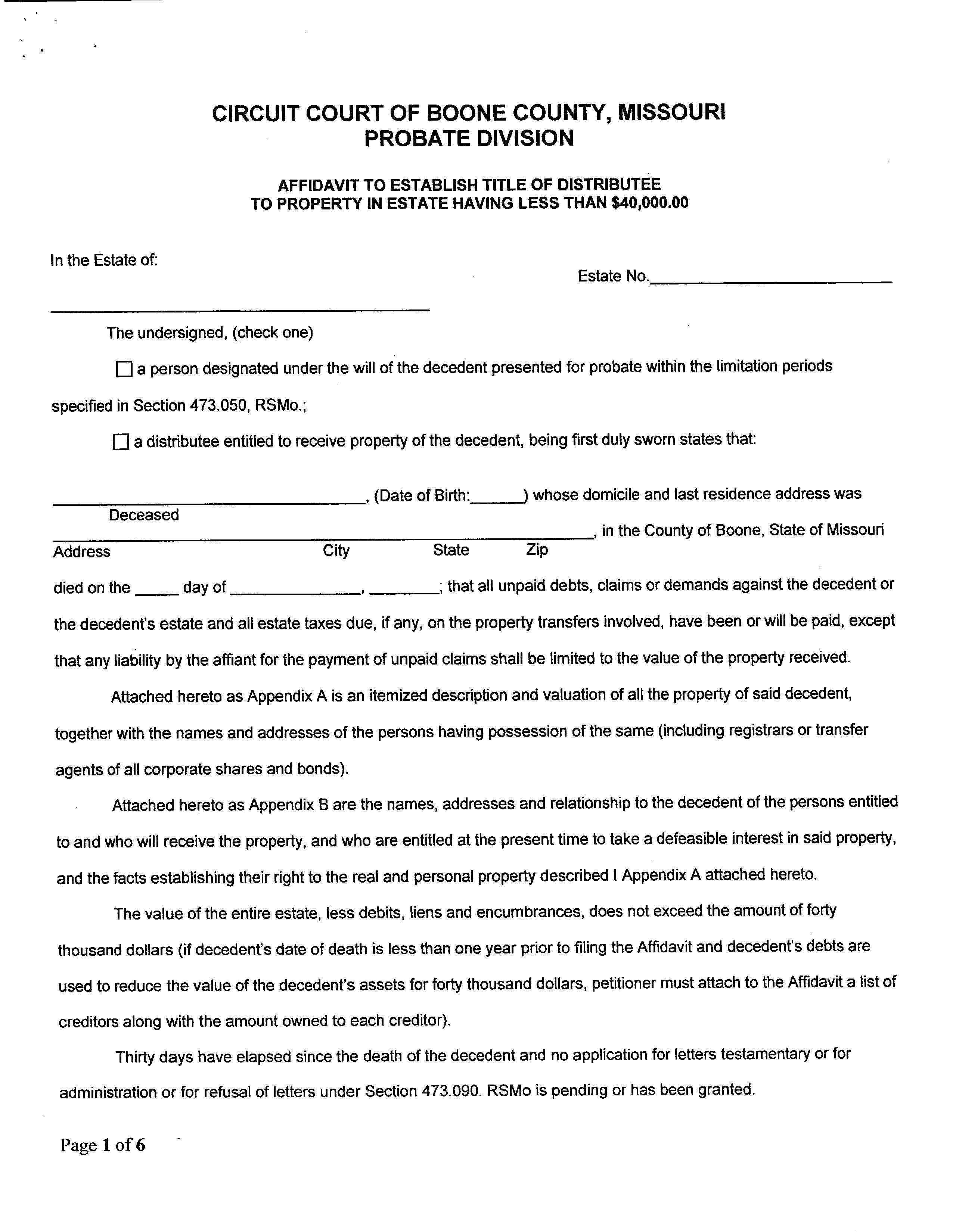 Affidavit To Establish Title | Pdf Fpdf Docx | Missouri