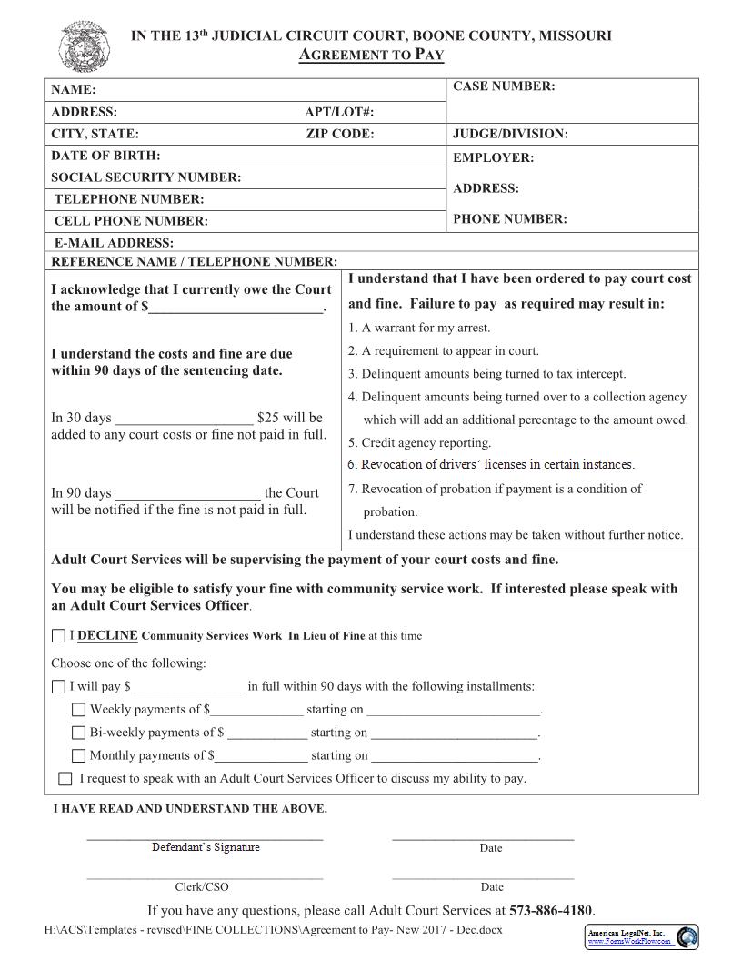 Agreement To Pay | Pdf Fpdf Docx | Missouri