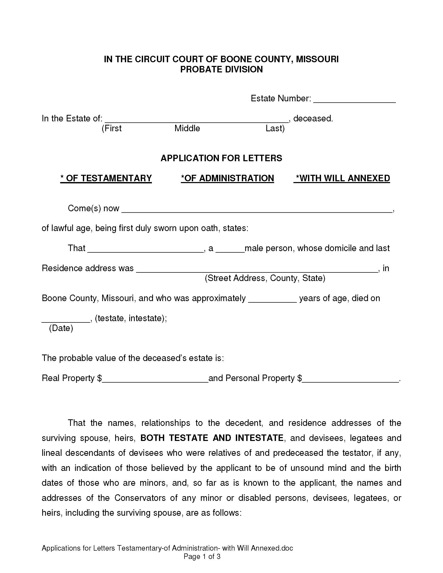 Application For Letters Testamentary | Pdf Fpdf Docx | Missouri
