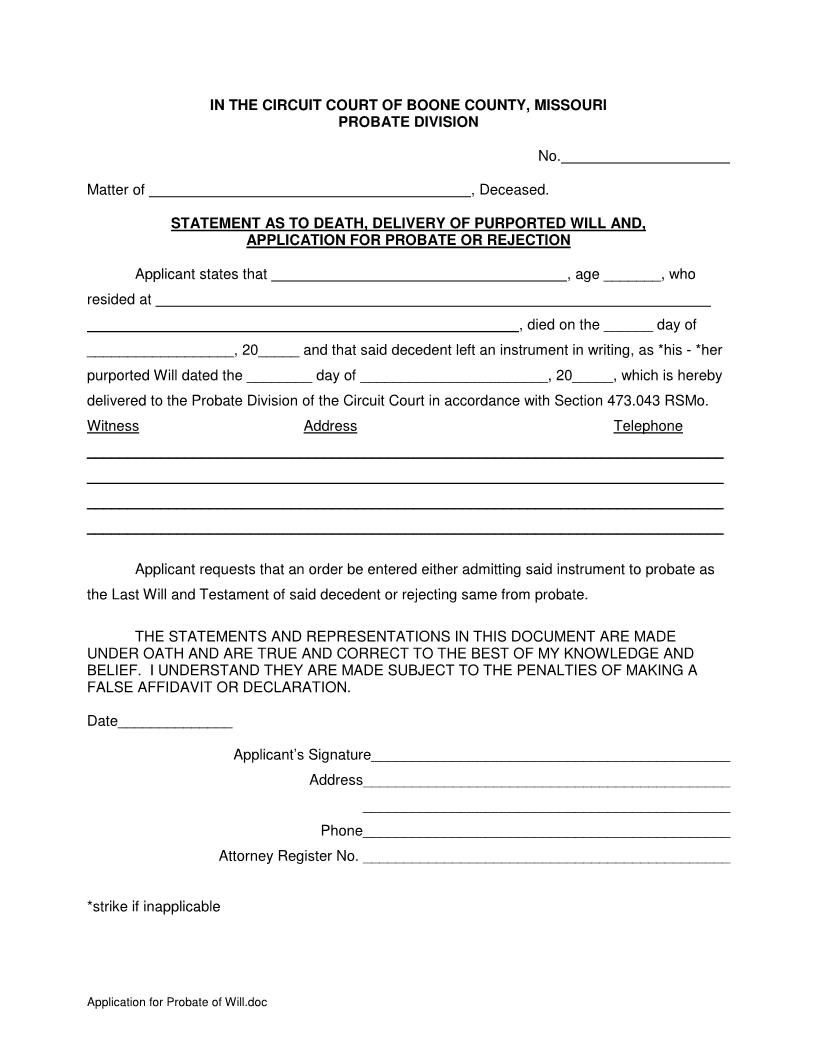 Application For Probate Of Will | Pdf Fpdf Docx | Missouri