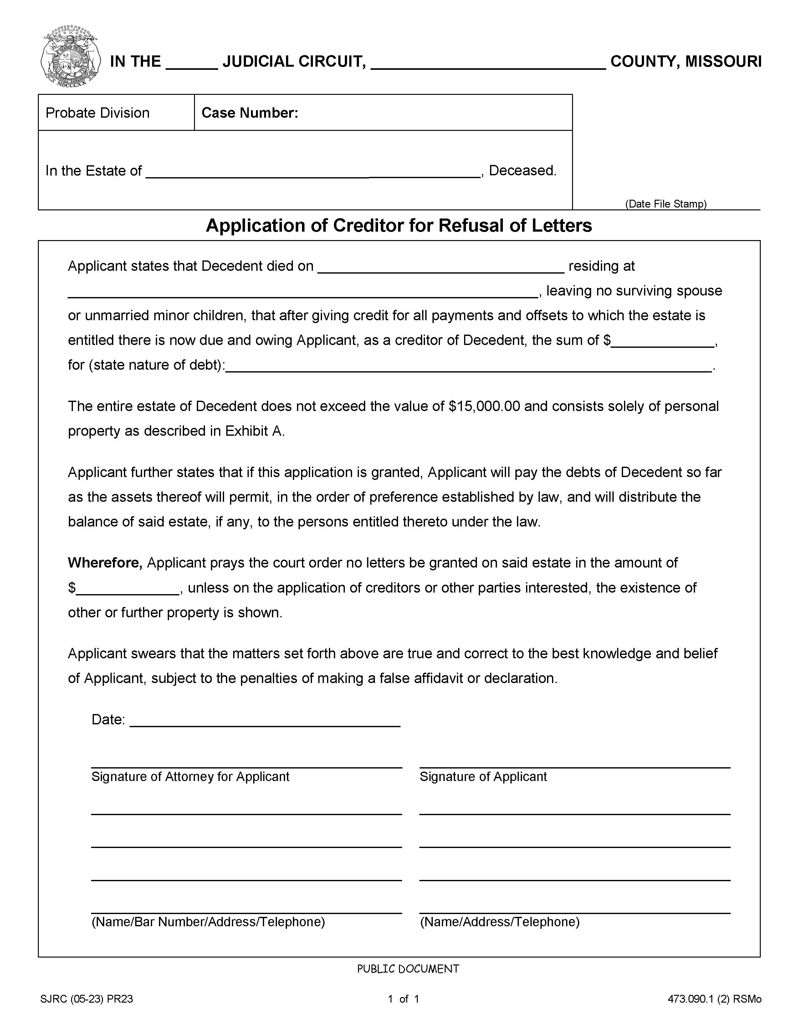 Application Of Creditor For Refusal Of Letters | Pdf Fpdf Docx | Missouri