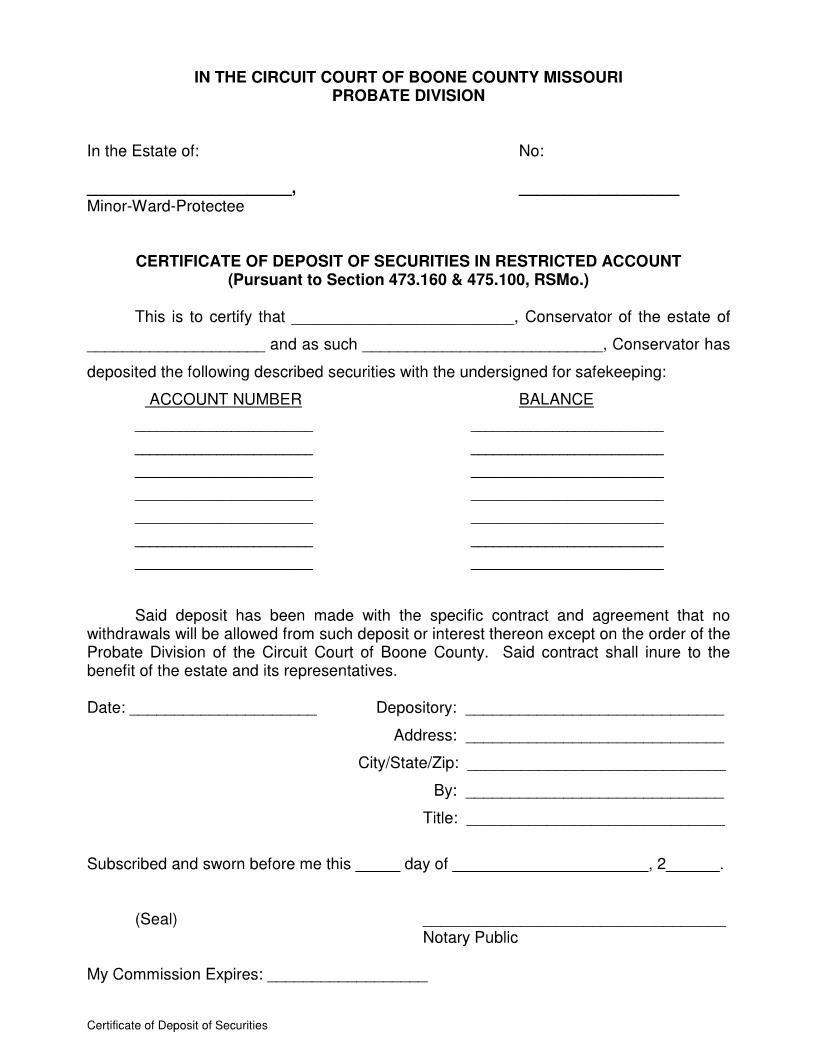 Certificate Of Deposit Of Securities In Restricted Account | Pdf Fpdf Docx | Missouri
