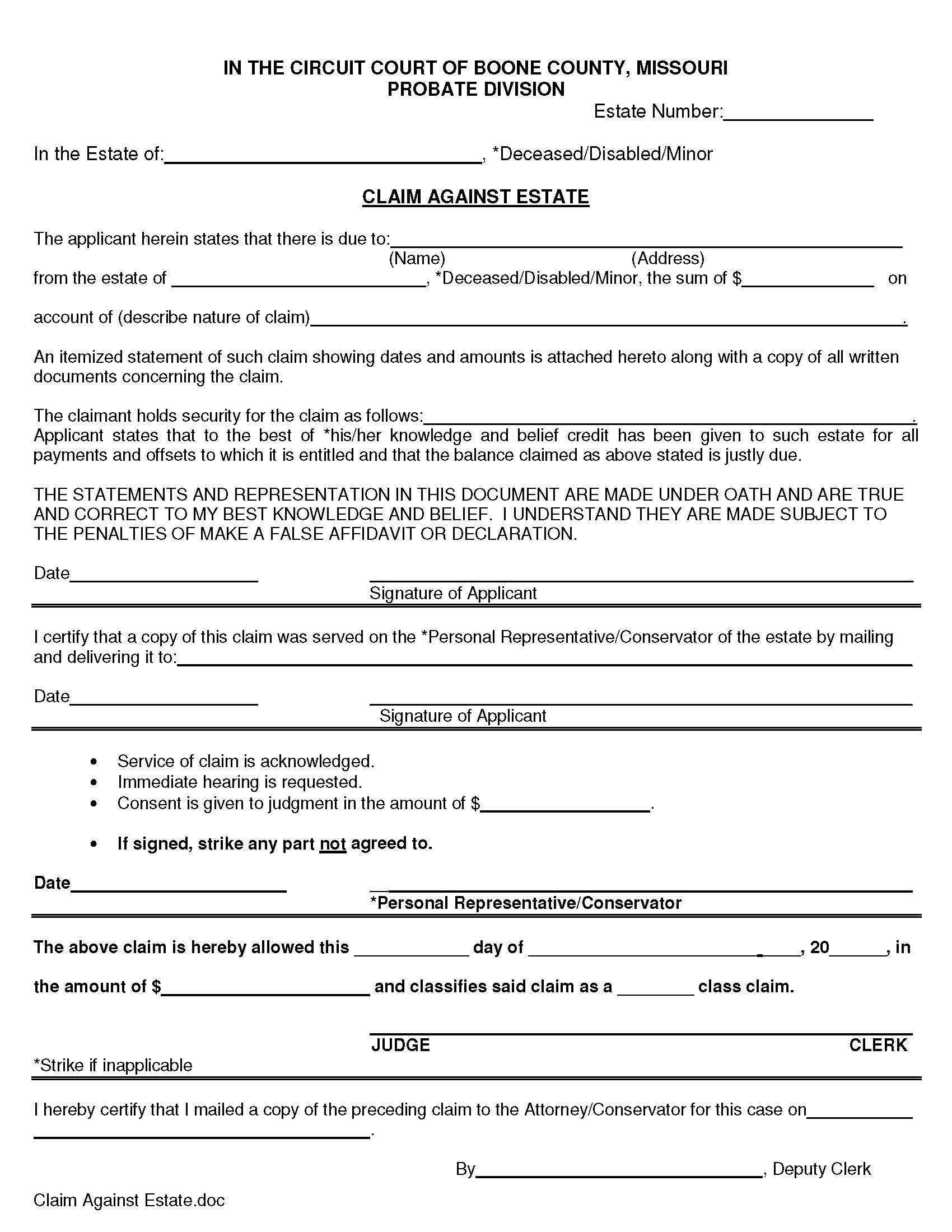 Claim Against Estate | Pdf Fpdf Docx | Missouri