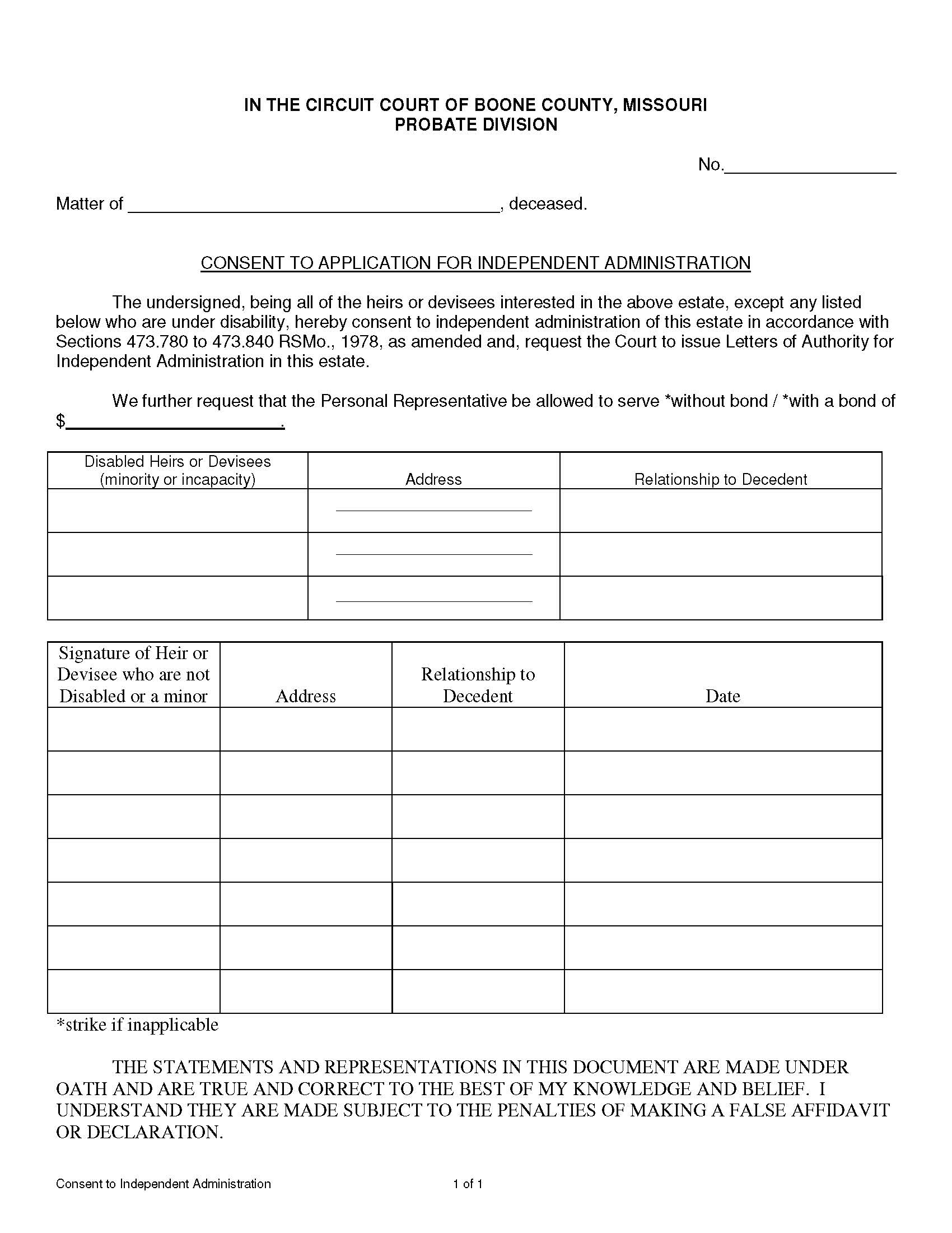 Consent To Application For Independent Administration | Pdf Fpdf Docx | Missouri