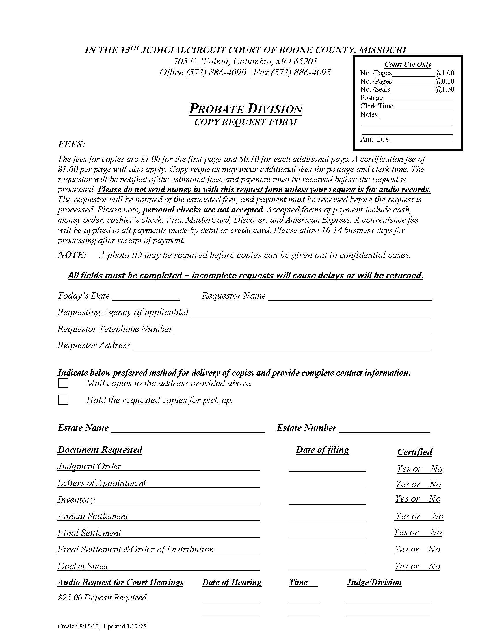 Copy Request - Probate | Pdf Fpdf Docx | Missouri