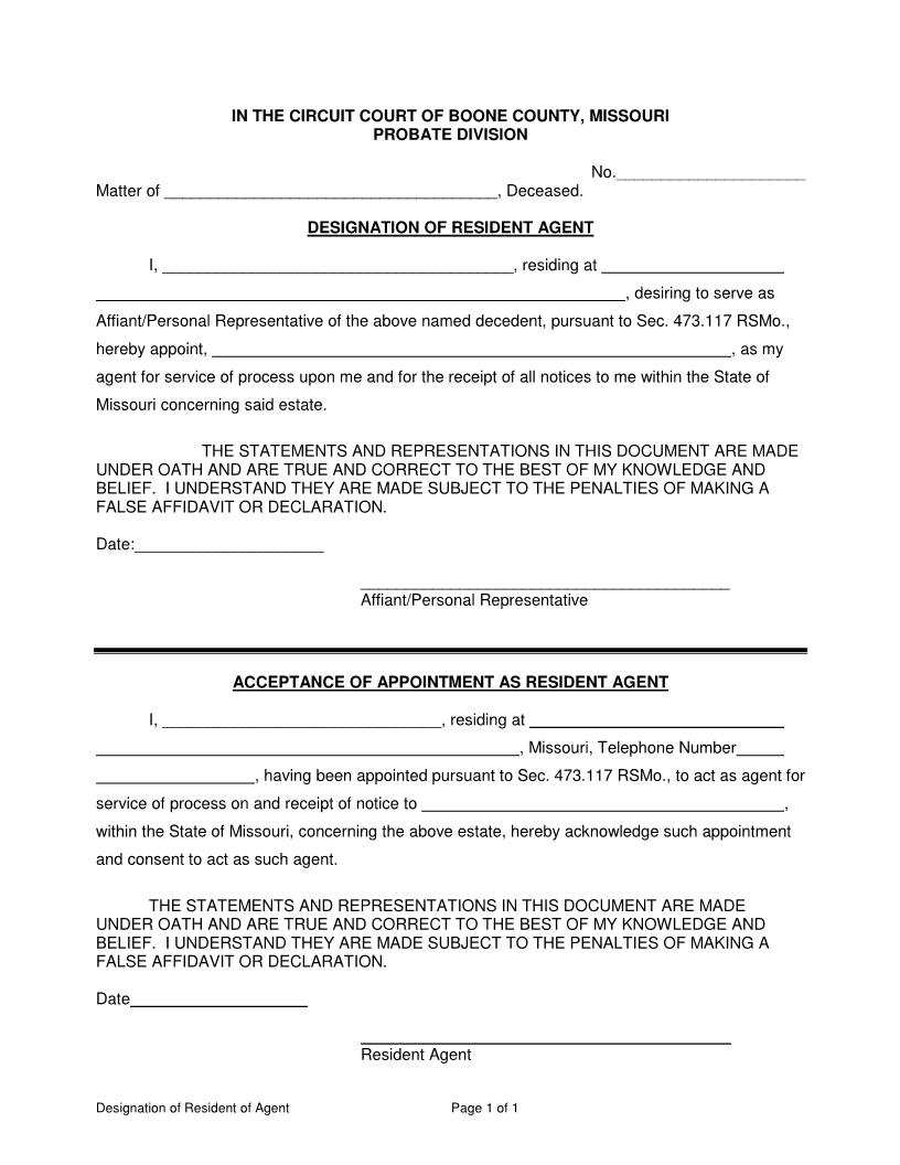 Designation Of Resident Agent | Pdf Fpdf Docx | Missouri