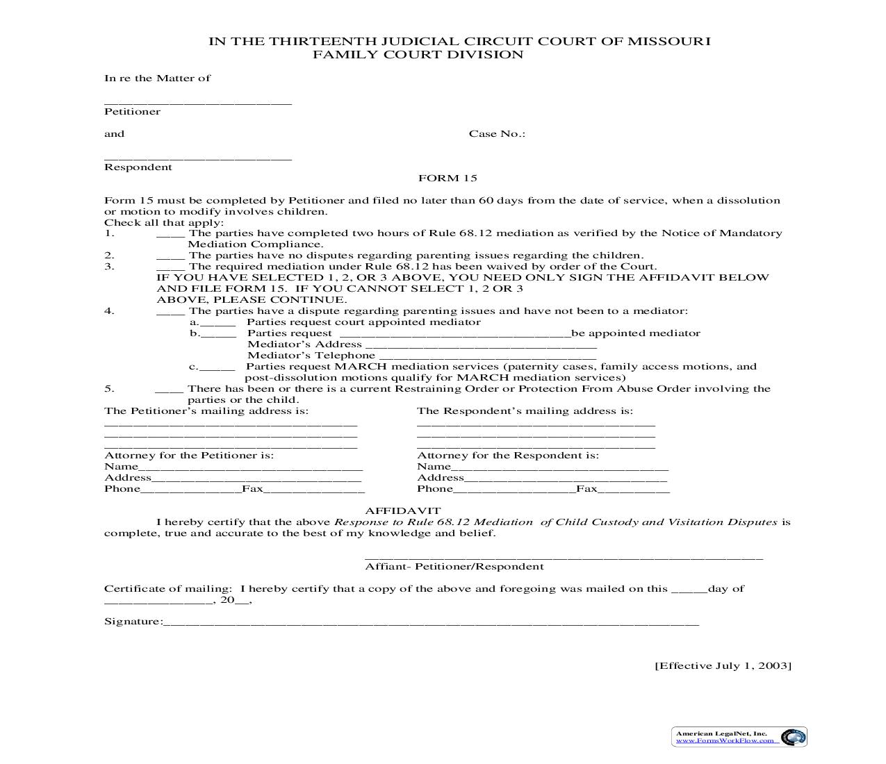 Form 15 Mediation Registration | Pdf Fpdf Doc Docx | Missouri