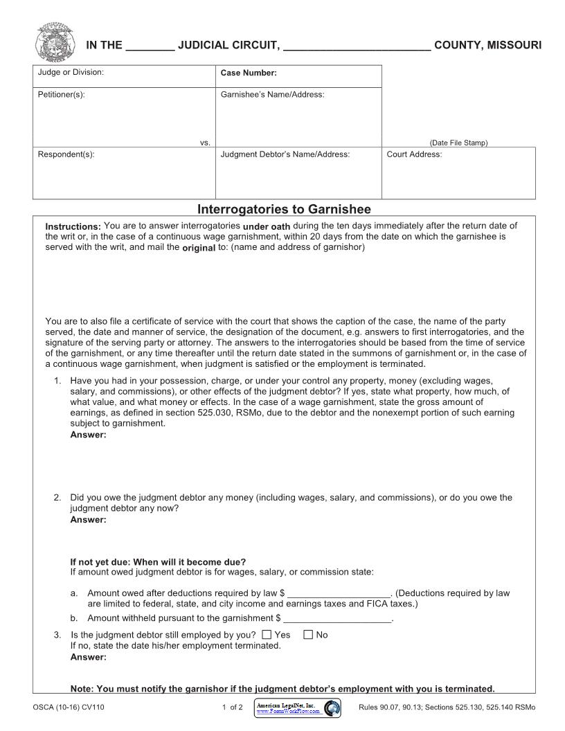 Interrogatories To Garnishee {CV110} | Pdf Fpdf Docx | Missouri